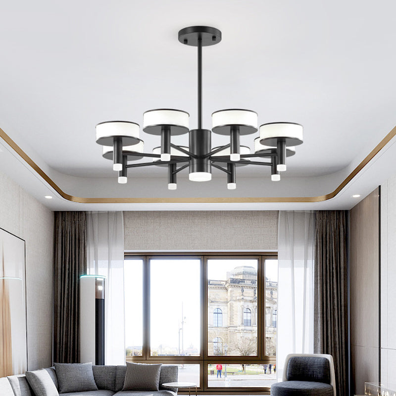 Lustre LED noir moderniste avec abat-jour tambour en acrylique - 6/8 lumières, 3 options d'éclairage de couleur pour le salon