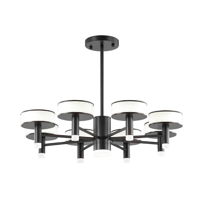 Lustre LED noir moderniste avec abat-jour tambour en acrylique - 6/8 lumières, 3 options d'éclairage de couleur pour le salon