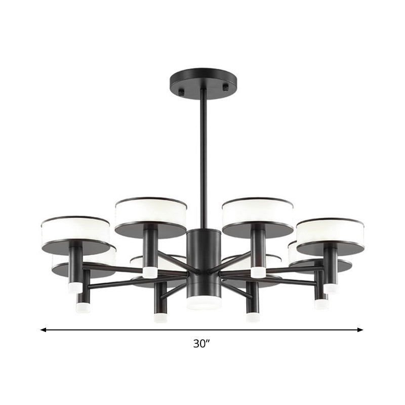 Lustre LED noir moderniste avec abat-jour tambour en acrylique - 6/8 lumières, 3 options d'éclairage de couleur pour le salon
