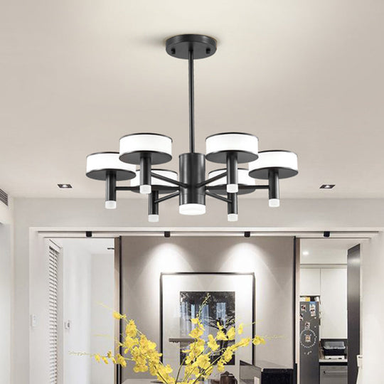 Lustre LED noir moderniste avec abat-jour tambour en acrylique - 6/8 lumières, 3 options d'éclairage de couleur pour le salon