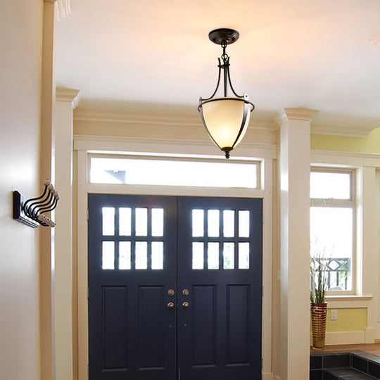 Rustic Milk Glass Bowl Pendant Light With Prismatic Design | Black Foyer Hanging Ceiling Lamp