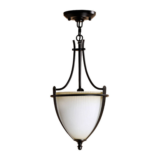 Rustic Milk Glass Bowl Pendant Light With Prismatic Design | Black Foyer Hanging Ceiling Lamp