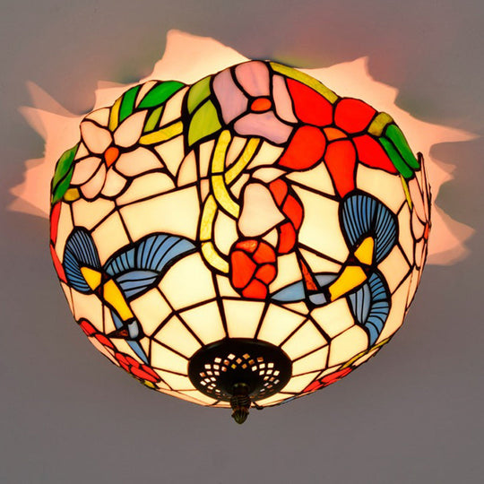 Tiffany 2-Light Stained Glass Floral Ceiling Fixture – Brass Flush Mount for Bedroom