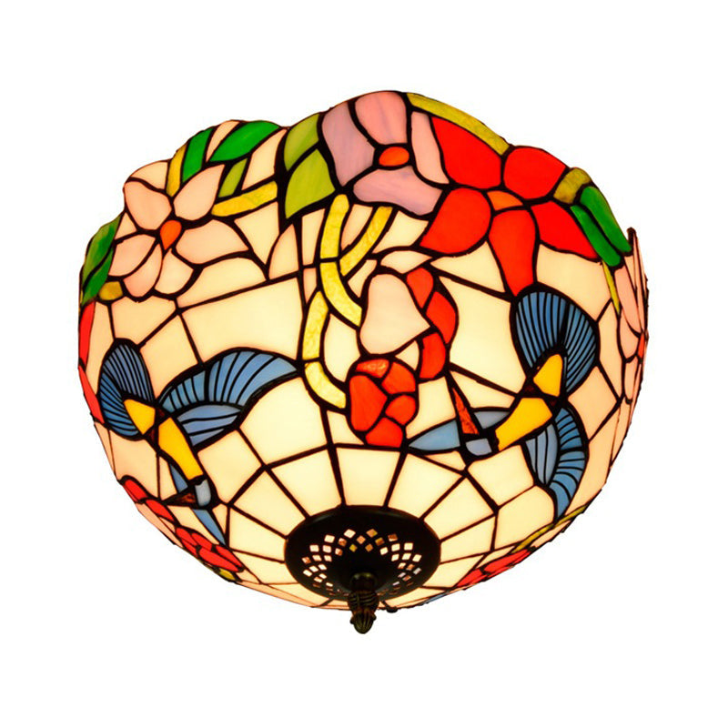 Tiffany 2-Light Stained Glass Floral Ceiling Fixture – Brass Flush Mount for Bedroom