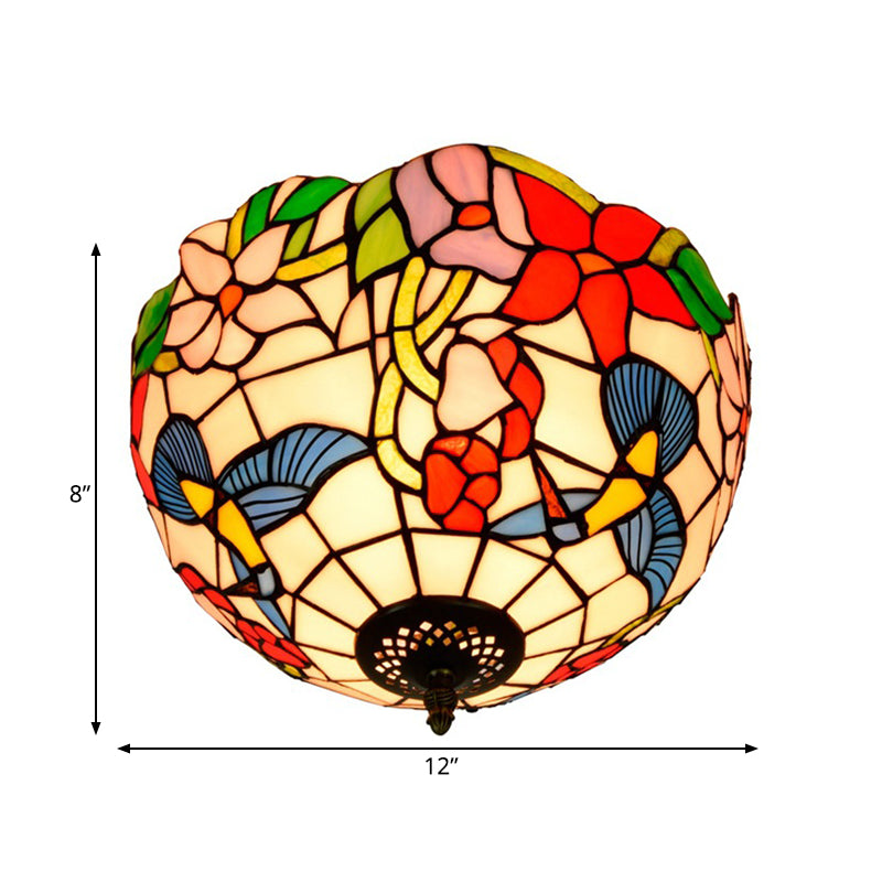 Tiffany 2-Light Stained Glass Floral Ceiling Fixture – Brass Flush Mount for Bedroom