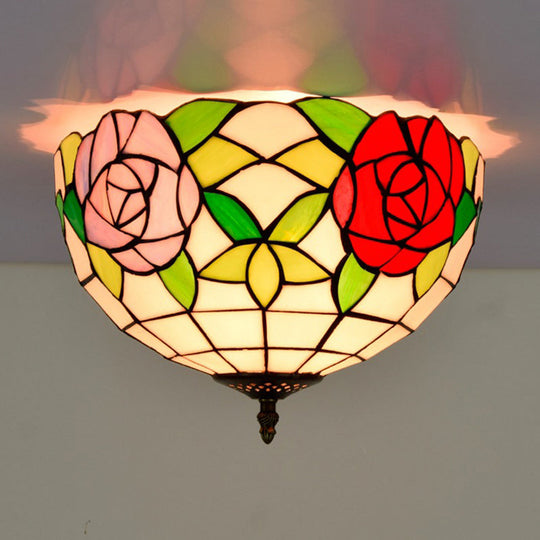 Tiffany 2-Light Stained Glass Floral Ceiling Fixture – Brass Flush Mount for Bedroom