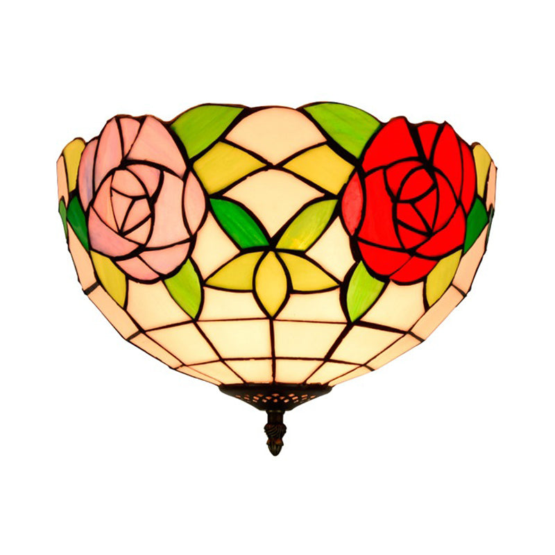 Tiffany 2-Light Stained Glass Floral Ceiling Fixture – Brass Flush Mount for Bedroom