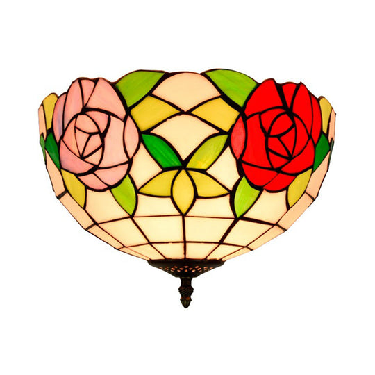 Tiffany 2-Light Stained Glass Floral Ceiling Fixture – Brass Flush Mount for Bedroom