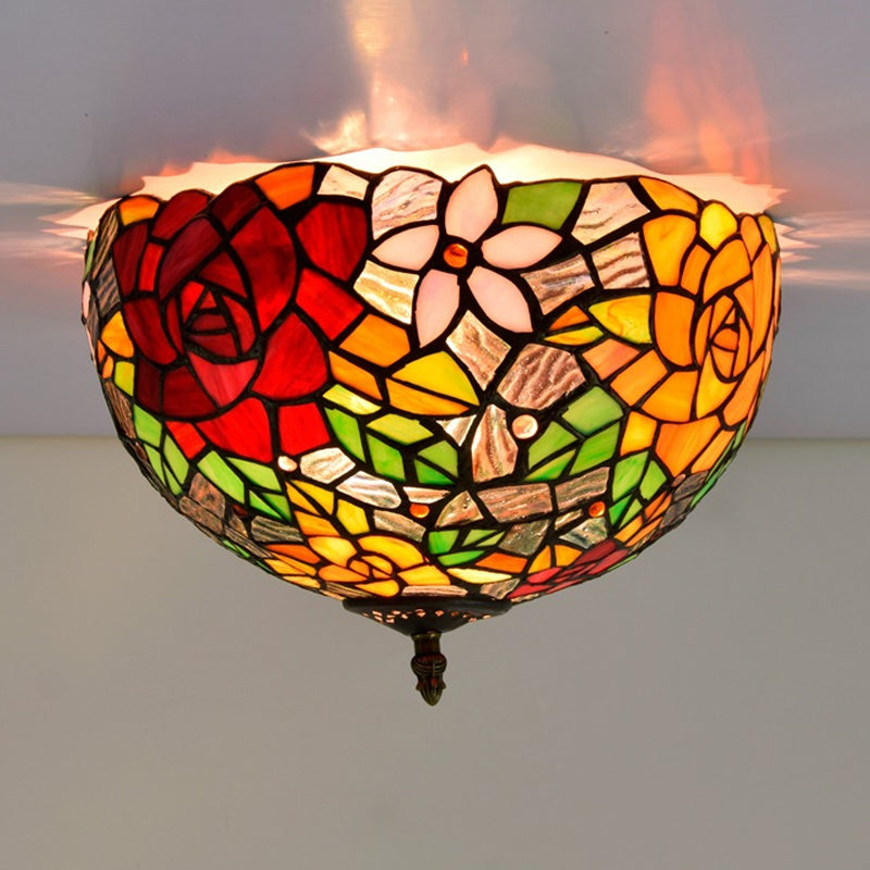 Tiffany 2-Light Stained Glass Floral Ceiling Fixture – Brass Flush Mount for Bedroom