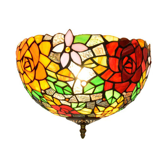 Tiffany 2-Light Stained Glass Floral Ceiling Fixture – Brass Flush Mount for Bedroom