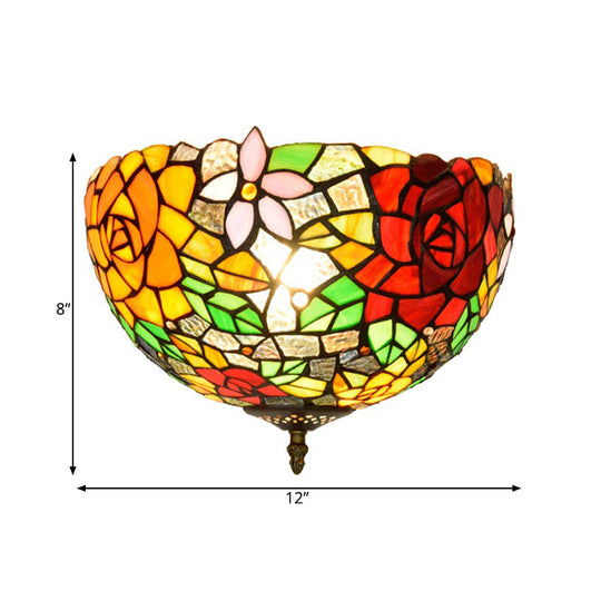 Tiffany 2-Light Stained Glass Floral Ceiling Fixture – Brass Flush Mount for Bedroom