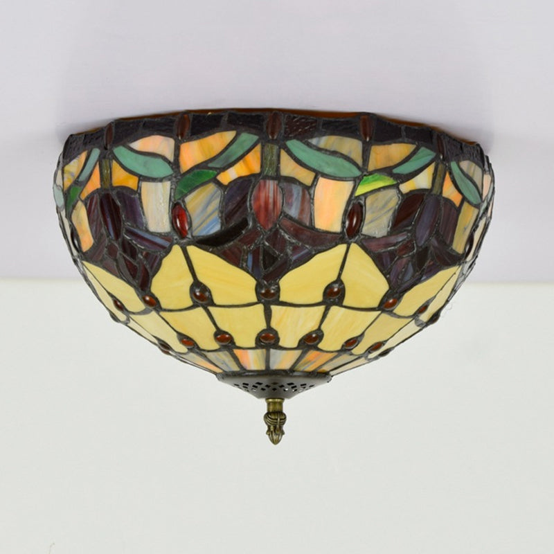 Tiffany 2-Light Stained Glass Floral Ceiling Fixture Brass Flush Mount For Bedroom