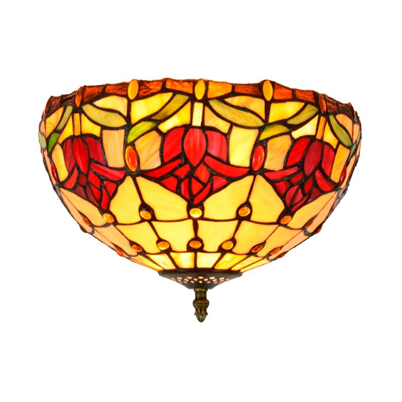 Tiffany 2-Light Stained Glass Floral Ceiling Fixture – Brass Flush Mount for Bedroom