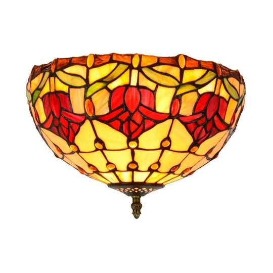 Tiffany 2-Light Stained Glass Floral Ceiling Fixture – Brass Flush Mount for Bedroom