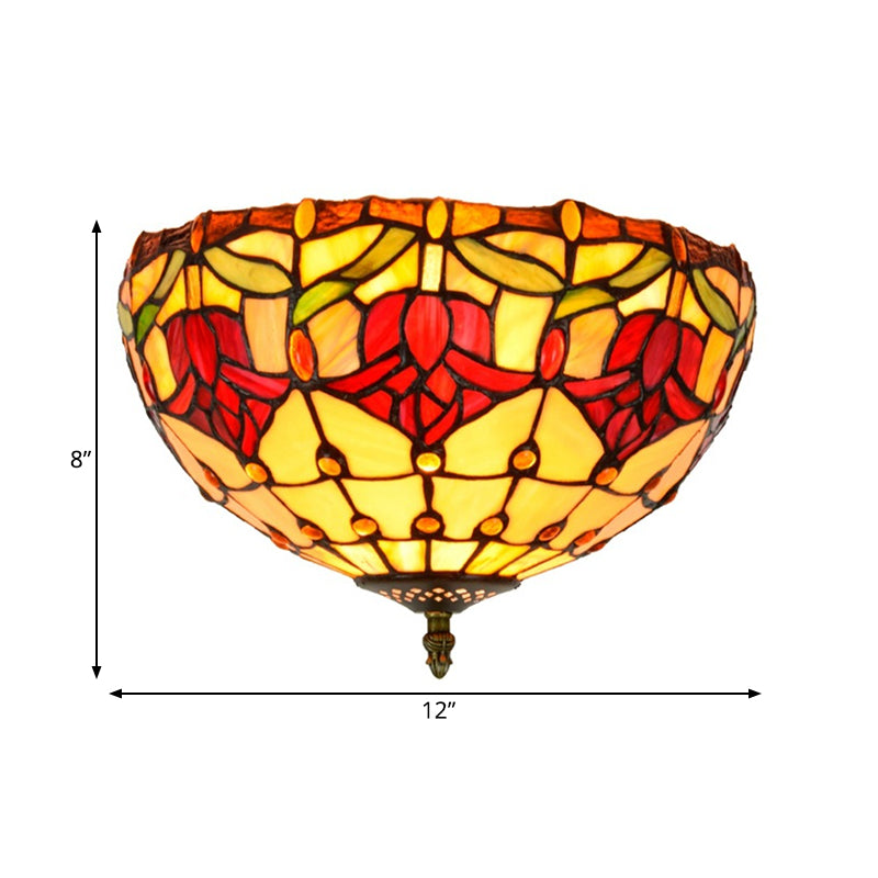 Tiffany 2-Light Stained Glass Floral Ceiling Fixture – Brass Flush Mount for Bedroom