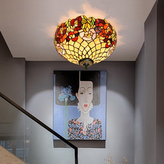 Tiffany-Style Stained Glass Ceiling Lamp in Bronze With 3 Bulb Flush Mount
