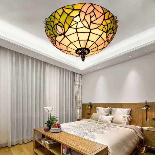 2-Head Tiffany-Style Stained Glass Rose Ceiling Flush Mount for Bedroom