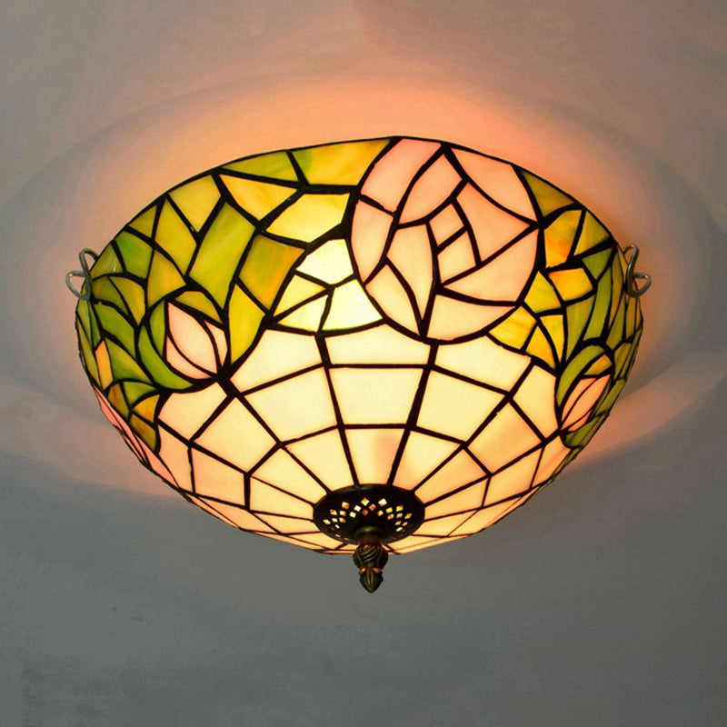 2-Head Tiffany-Style Stained Glass Rose Ceiling Flush Mount for Bedroom
