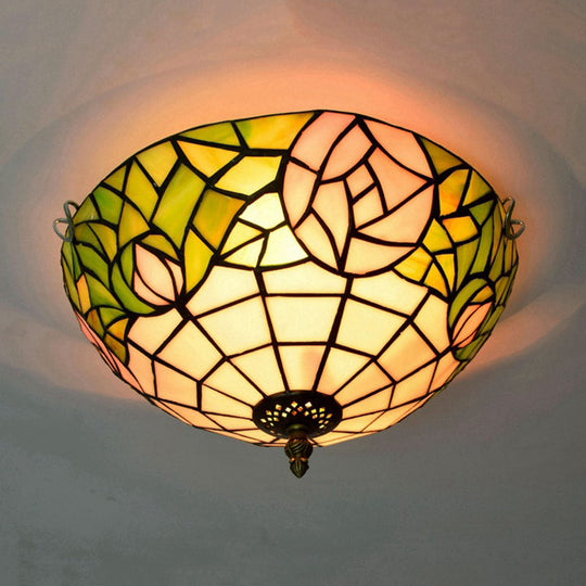 2-Head Tiffany-Style Stained Glass Rose Ceiling Flush Mount for Bedroom