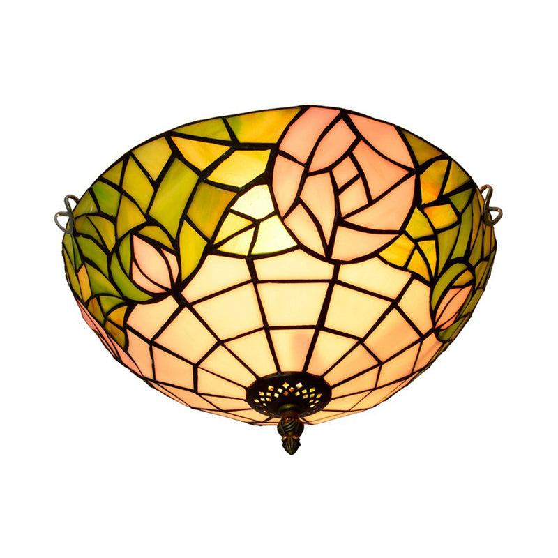 2-Head Tiffany-Style Stained Glass Rose Ceiling Flush Mount for Bedroom