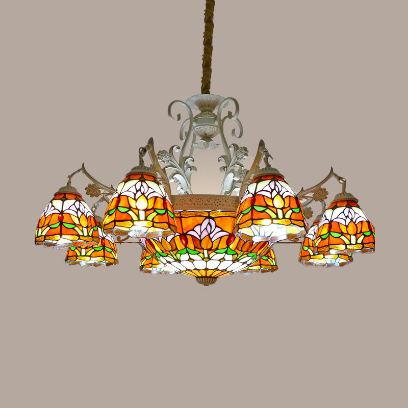Mediterranean Dome Chandelier With Stained Glass Pendant Light (9/11 Lights) In Distressed White