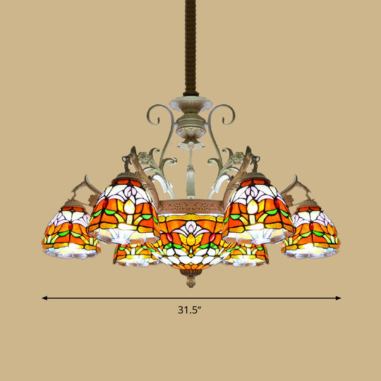 Mediterranean Stained Glass Dome Chandelier Pendant Light (9/11 Lights) in Distressed White