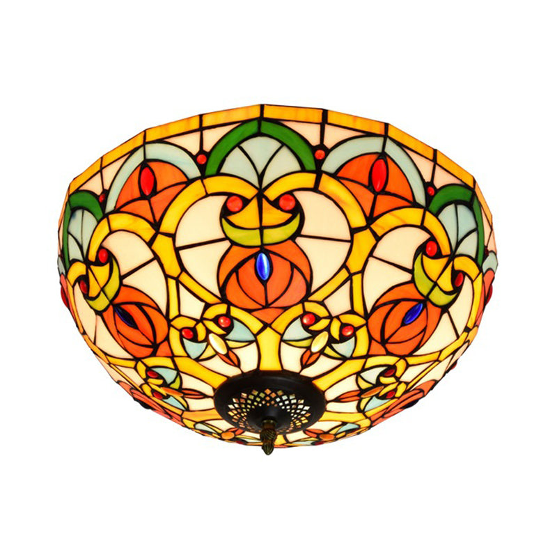 Baroque Bronze Stained Glass Dome Ceiling Lamp – 3-Light Flush Mount for Kitchen
