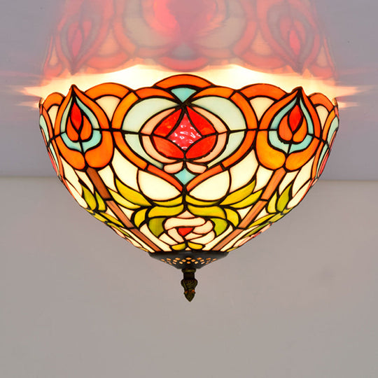 Victorian Glass Ceiling Flush Mount Light Fixture - Bowl Cut, 2/3/5 Heads, White/Green, 12"/16"/19.5" Wide