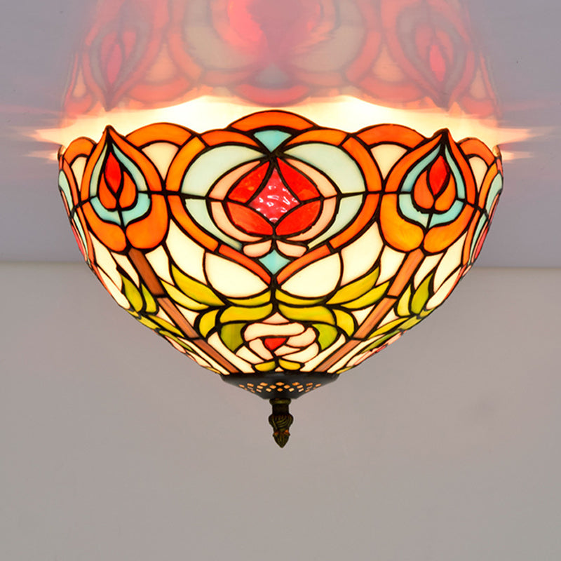 Victorian Glass Ceiling Flush Mount Light Fixture - Bowl Cut 2/3/5 Heads White/Green 12/16/19.5 Wide