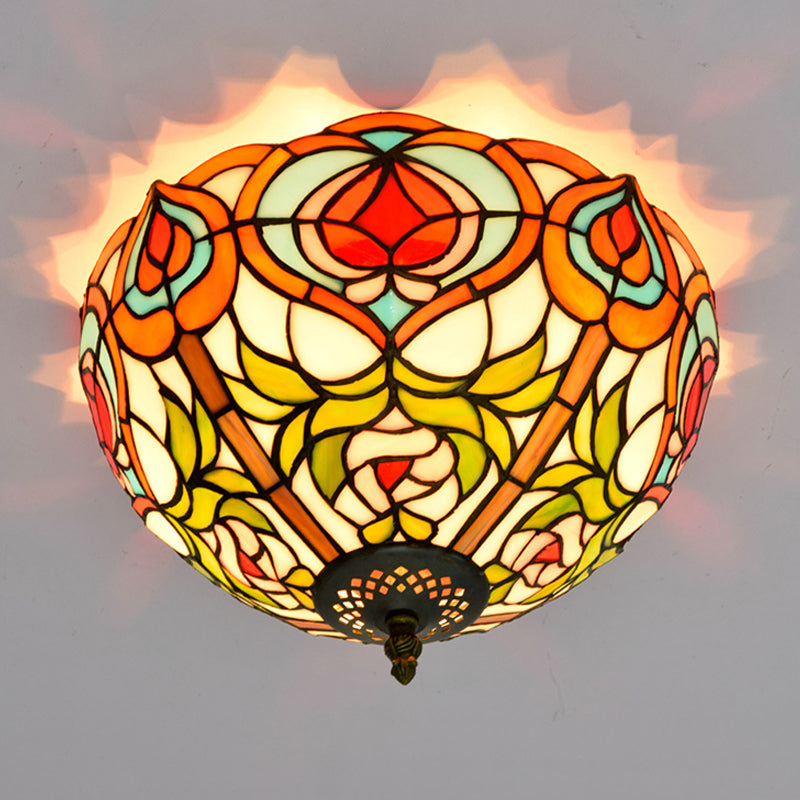 Victorian Glass Ceiling Flush Mount Light Fixture - Bowl Cut, 2/3/5 Heads, White/Green, 12"/16"/19.5" Wide