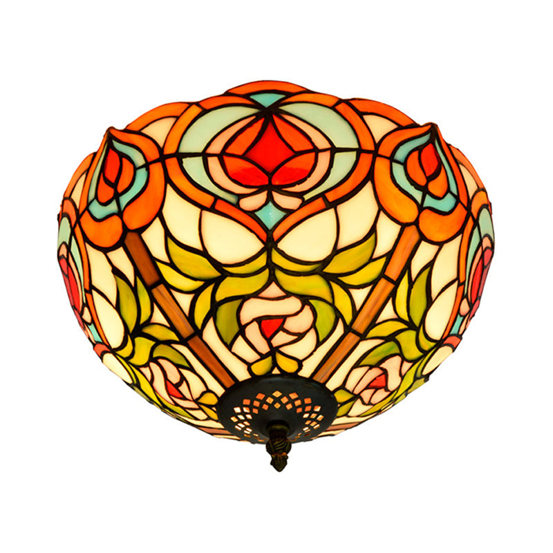 Victorian Glass Ceiling Flush Mount Light Fixture - Bowl Cut, 2/3/5 Heads, White/Green, 12"/16"/19.5" Wide