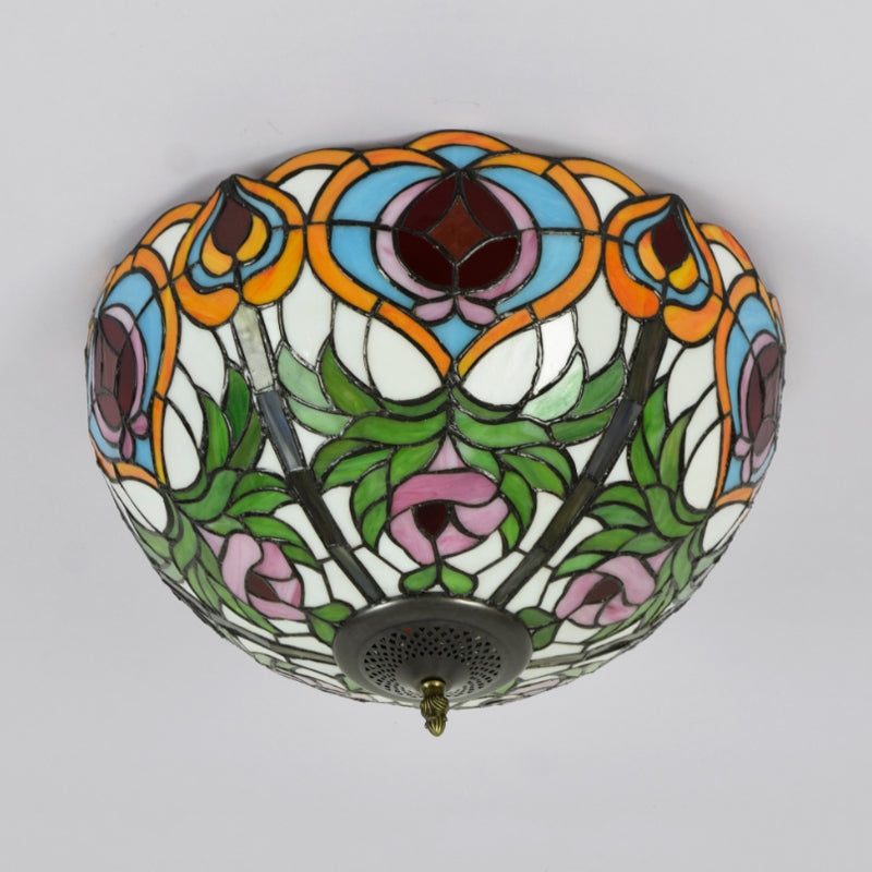 Victorian Glass Ceiling Flush Mount Light Fixture - Bowl Cut, 2/3/5 Heads, White/Green, 12"/16"/19.5" Wide