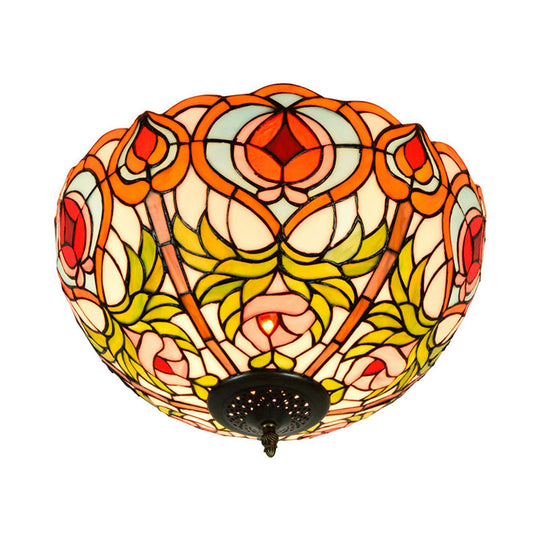 Victorian Glass Ceiling Flush Mount Light Fixture - Bowl Cut, 2/3/5 Heads, White/Green, 12"/16"/19.5" Wide