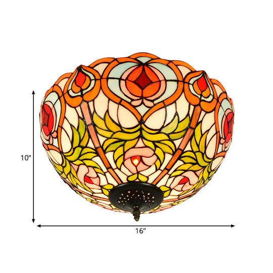 Victorian Glass Ceiling Flush Mount Light Fixture - Bowl Cut, 2/3/5 Heads, White/Green, 12"/16"/19.5" Wide