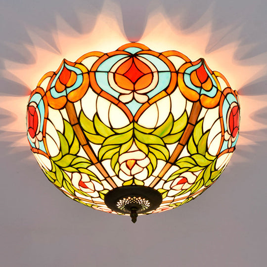 Victorian Glass Ceiling Flush Mount Light Fixture - Bowl Cut, 2/3/5 Heads, White/Green, 12"/16"/19.5" Wide
