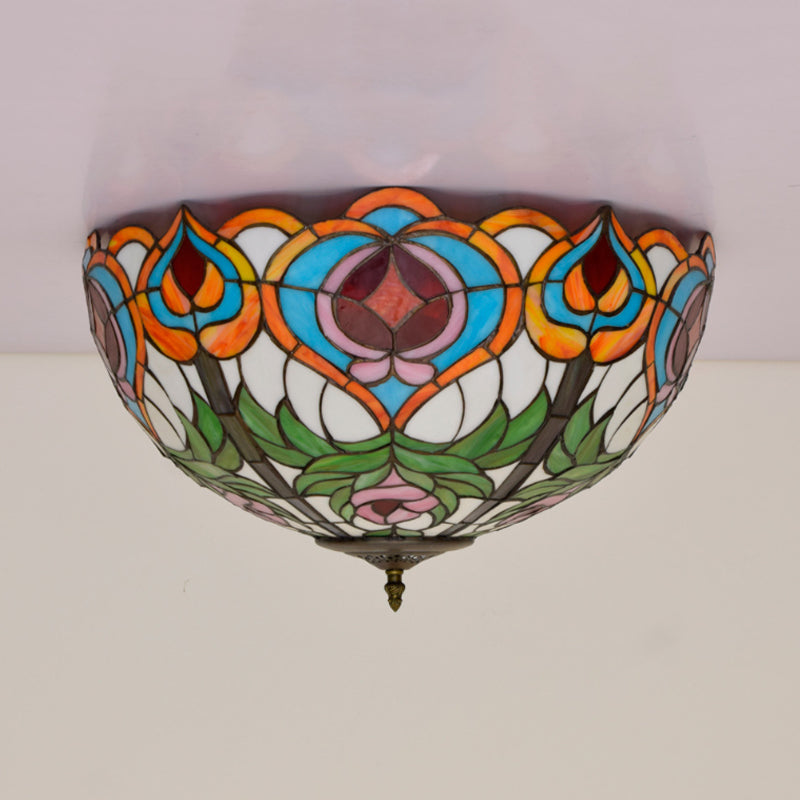 Victorian Glass Ceiling Flush Mount Light Fixture - Bowl Cut, 2/3/5 Heads, White/Green, 12"/16"/19.5" Wide