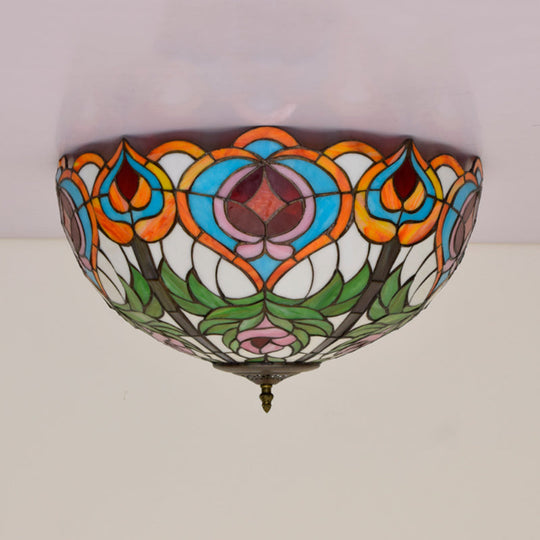 Victorian Glass Ceiling Flush Mount Light Fixture - Bowl Cut, 2/3/5 Heads, White/Green, 12"/16"/19.5" Wide