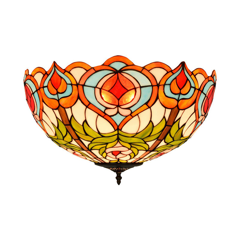 Victorian Glass Ceiling Flush Mount Light Fixture - Bowl Cut, 2/3/5 Heads, White/Green, 12"/16"/19.5" Wide