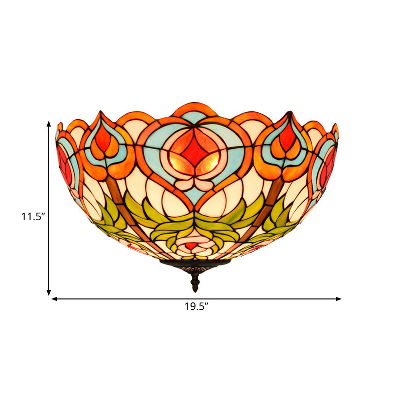 Victorian Glass Ceiling Flush Mount Light Fixture - Bowl Cut 2/3/5 Heads White/Green 12/16/19.5 Wide