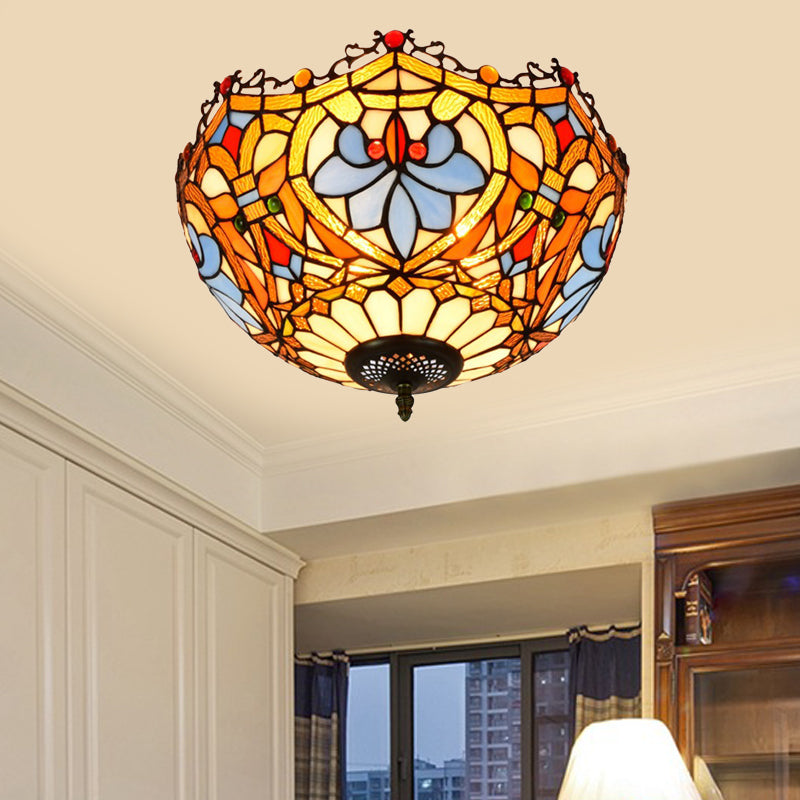 Blue Hand Cut Glass Ceiling Mount Light, Scalloped Baroque Design, 12"/16" Width, 2/3 Lights