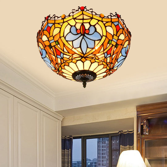 Blue Hand Cut Glass Ceiling Mount Light, Scalloped Baroque Design, 12"/16" Width, 2/3 Lights