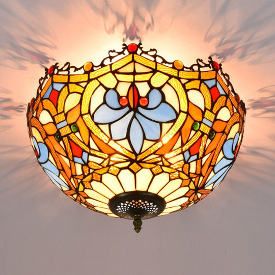 Blue Hand Cut Glass Ceiling Mount Light, Scalloped Baroque Design, 12"/16" Width, 2/3 Lights