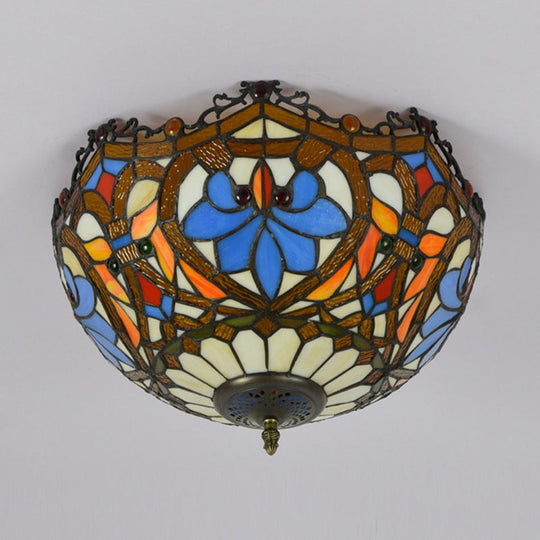 Blue Hand Cut Glass Ceiling Mount Light, Scalloped Baroque Design, 12"/16" Width, 2/3 Lights