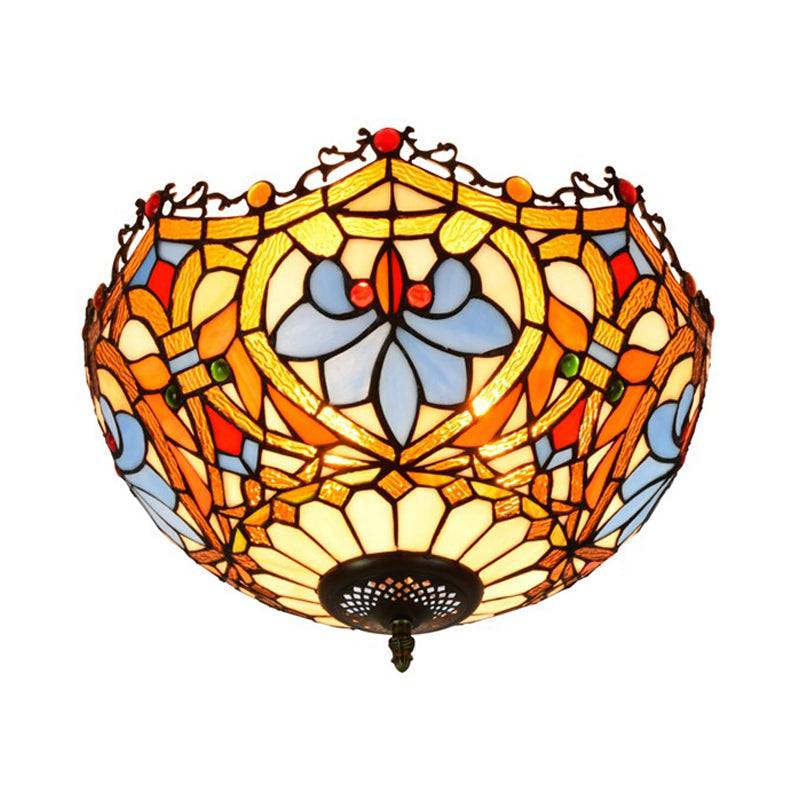 Blue Hand Cut Glass Ceiling Mount Light, Scalloped Baroque Design, 12"/16" Width, 2/3 Lights