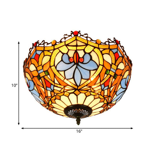 Blue Hand Cut Glass Ceiling Mount Light, Scalloped Baroque Design, 12"/16" Width, 2/3 Lights