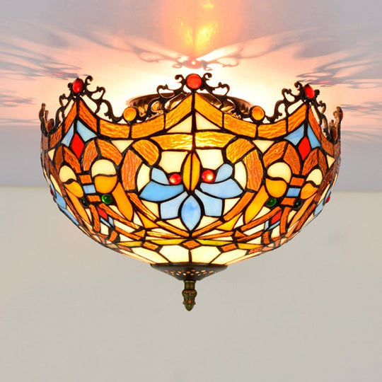 Blue Hand Cut Glass Ceiling Mount Light Scalloped Baroque Design 12/16 Width 2/3 Lights / 12