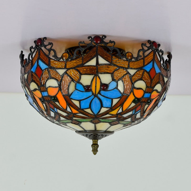 Blue Hand Cut Glass Ceiling Mount Light, Scalloped Baroque Design, 12"/16" Width, 2/3 Lights