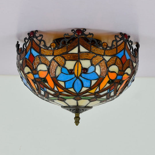 Blue Hand Cut Glass Ceiling Mount Light, Scalloped Baroque Design, 12"/16" Width, 2/3 Lights