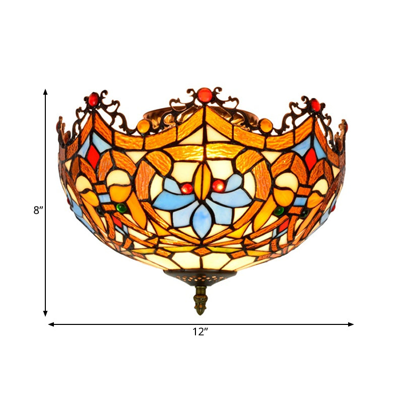 Blue Hand Cut Glass Ceiling Mount Light, Scalloped Baroque Design, 12"/16" Width, 2/3 Lights