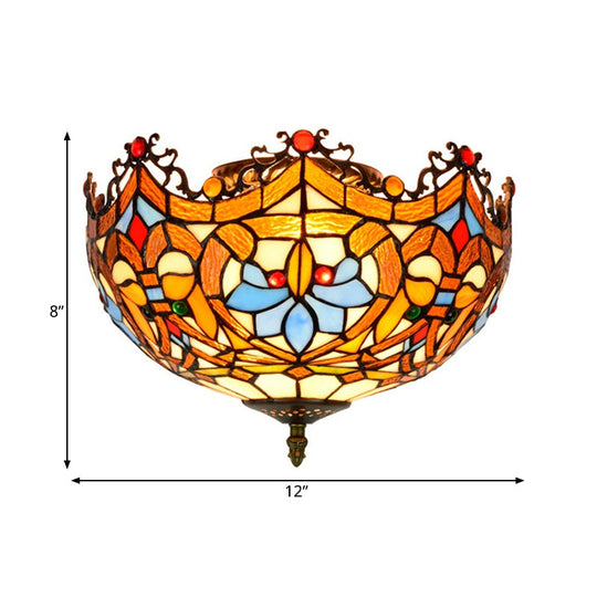 Blue Hand Cut Glass Ceiling Mount Light, Scalloped Baroque Design, 12"/16" Width, 2/3 Lights